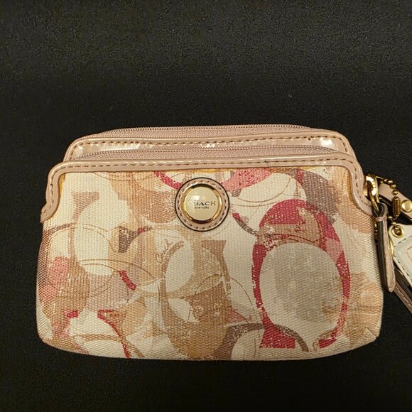 Coach Poppy Double Zip Wallet Wristlet Pink & Cream Signature C Canvas Leather - Picture 3 of 8
